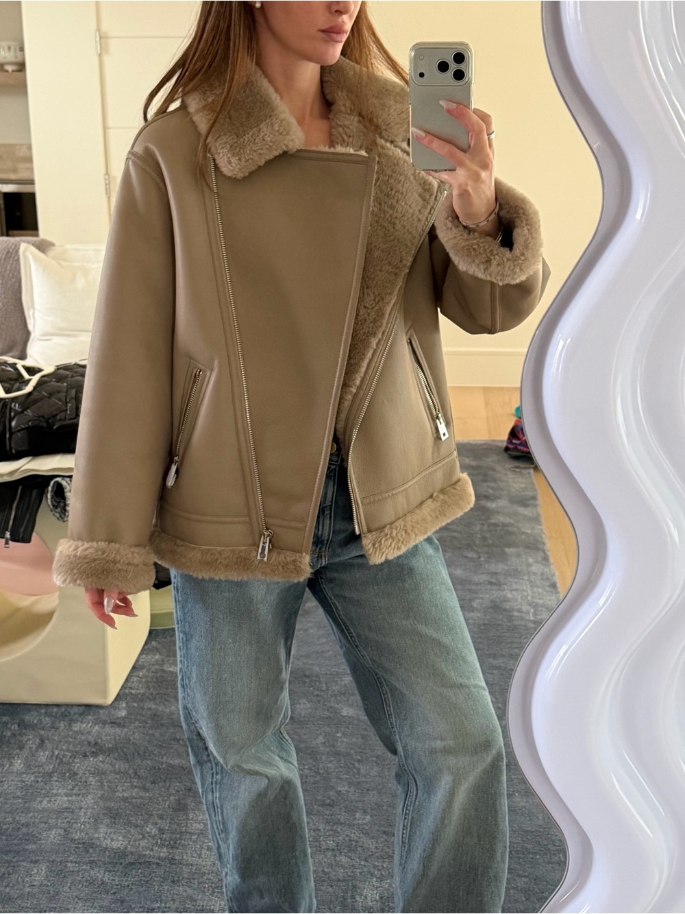 Mango Taupe Faux Shearling Moto Jacket -l